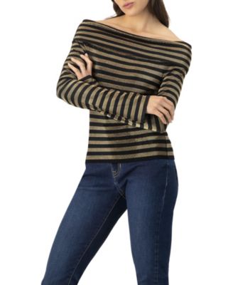Women's Bardot Neckline Striped Long Sleeve Blouse
