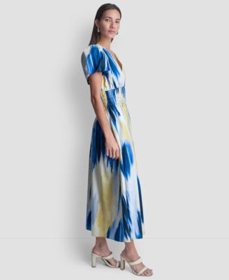 Women's Printed V-Neck Smocked Midi Dress