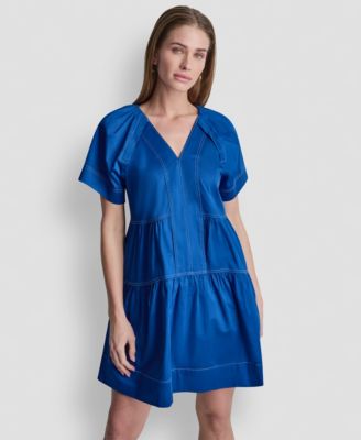 Women's V-Neck Contrast-Stitch Mini Dress