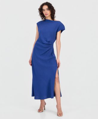 Women's Cowl-Neck Waist-Pleat Side-Slit Dress