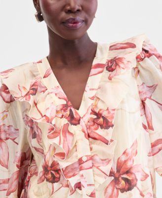 Women's Printed Ruffled Long-Sleeve Blouse