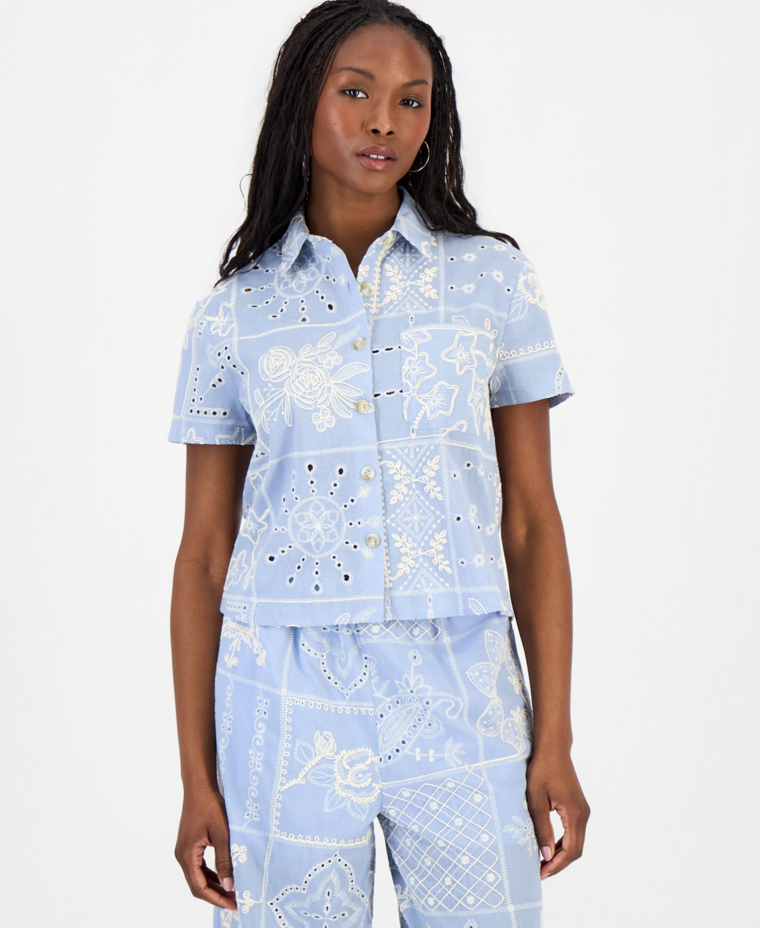 Trendy Plus Size Embroidered Short-Sleeve Shirt