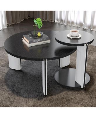  32.68" & 16.93" Round Coffee/End Table Set - Black Oak Veneer, Sintered Stone Legs