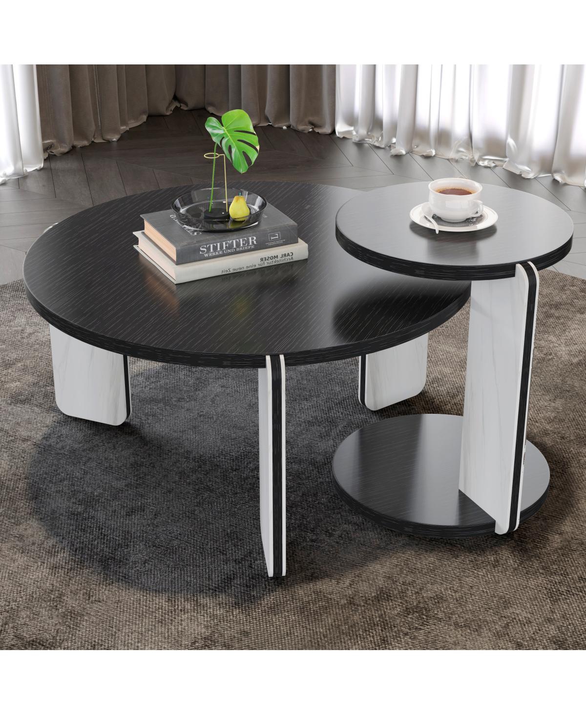 Streamdale Furniture 32.68" & 16.93" Round Coffee/End Table Set - Black Oak Veneer, Sintered Stone Legs