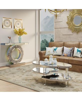 Mirrored Glass Crystal Oval Coffee Table with Acrylic Legs