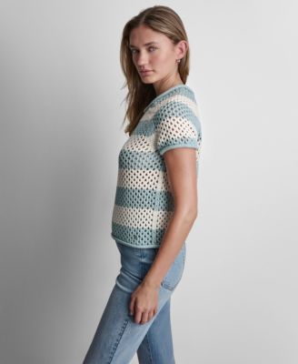 Petite Short-Sleeve Raglan Stripe Crewneck Pointelle Sweater
