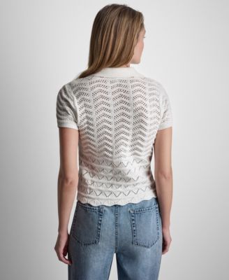 Petite Short-Sleeve V-Neck Polo Pointelle Sweater