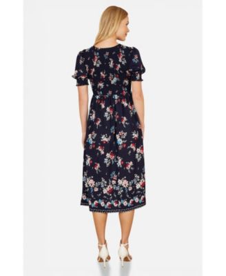 Women's Smocked Bodice Floral Ruched Midi Dress