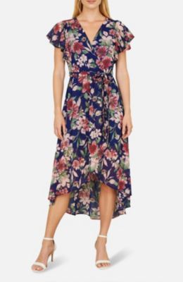 Women's Floral Wrap Midi Dress With Frill Hem
