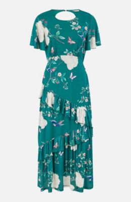 Women's Mesh Bird And Floral Print Midi Dress