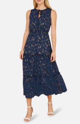Women's Foil Print Ruched Waist Midi Dress
