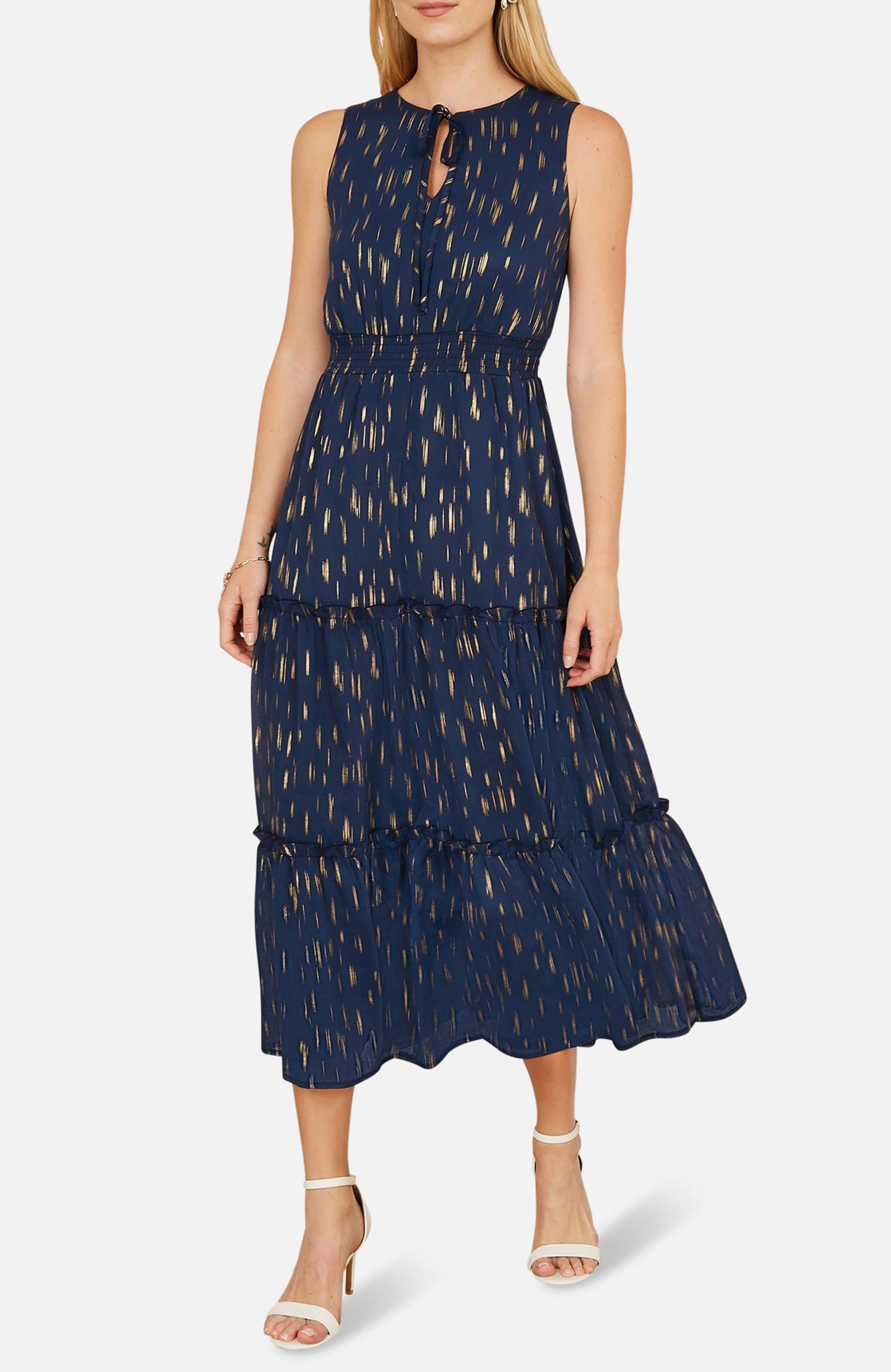 Женское платье Yumi Foil Print Ruched Waist Midi, цвет: Тёмно-синий — фото 3