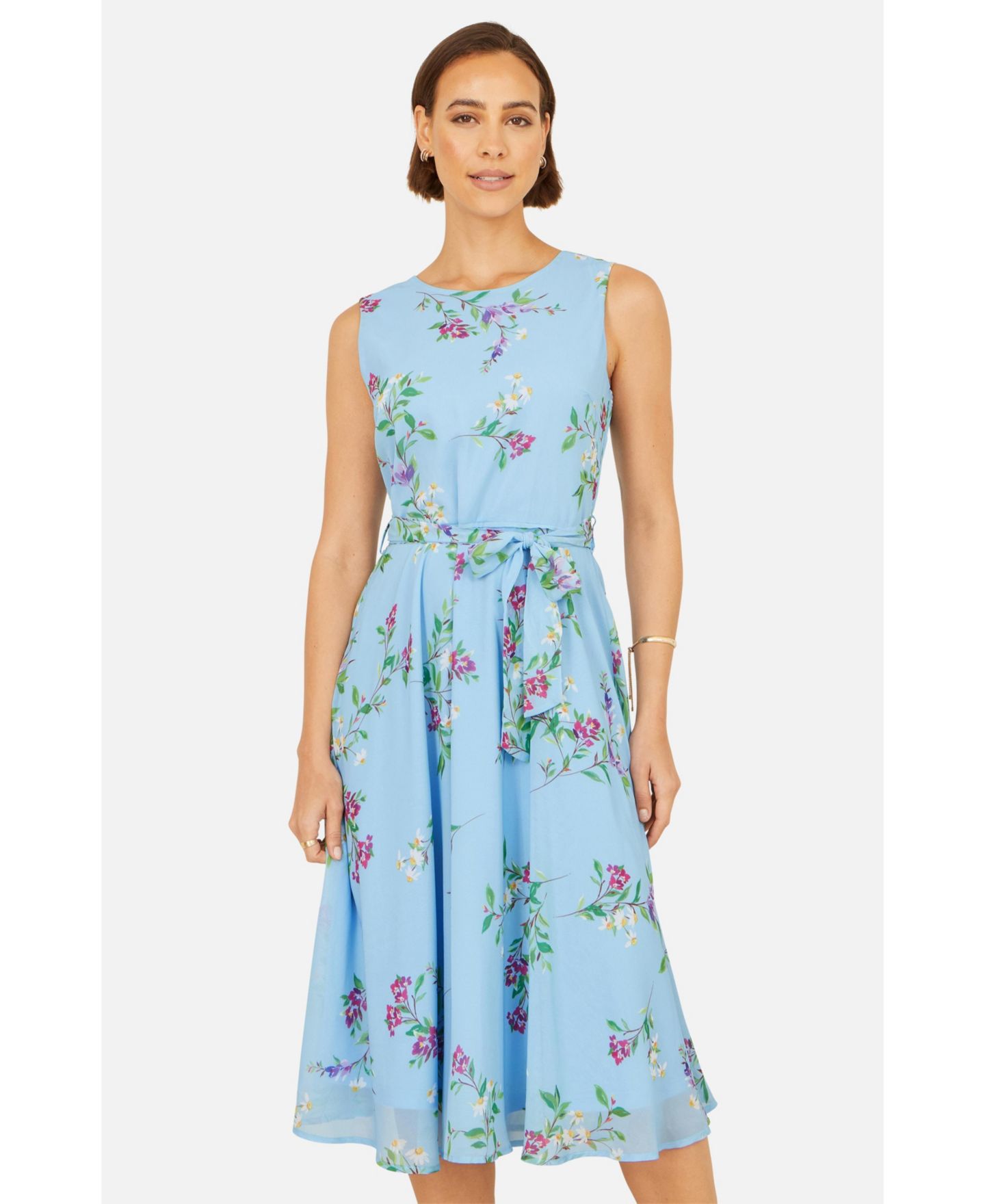 Женское платье Yumi Sleeveless Tie Waist Printed Midi, цвет: Синий — фото 6
