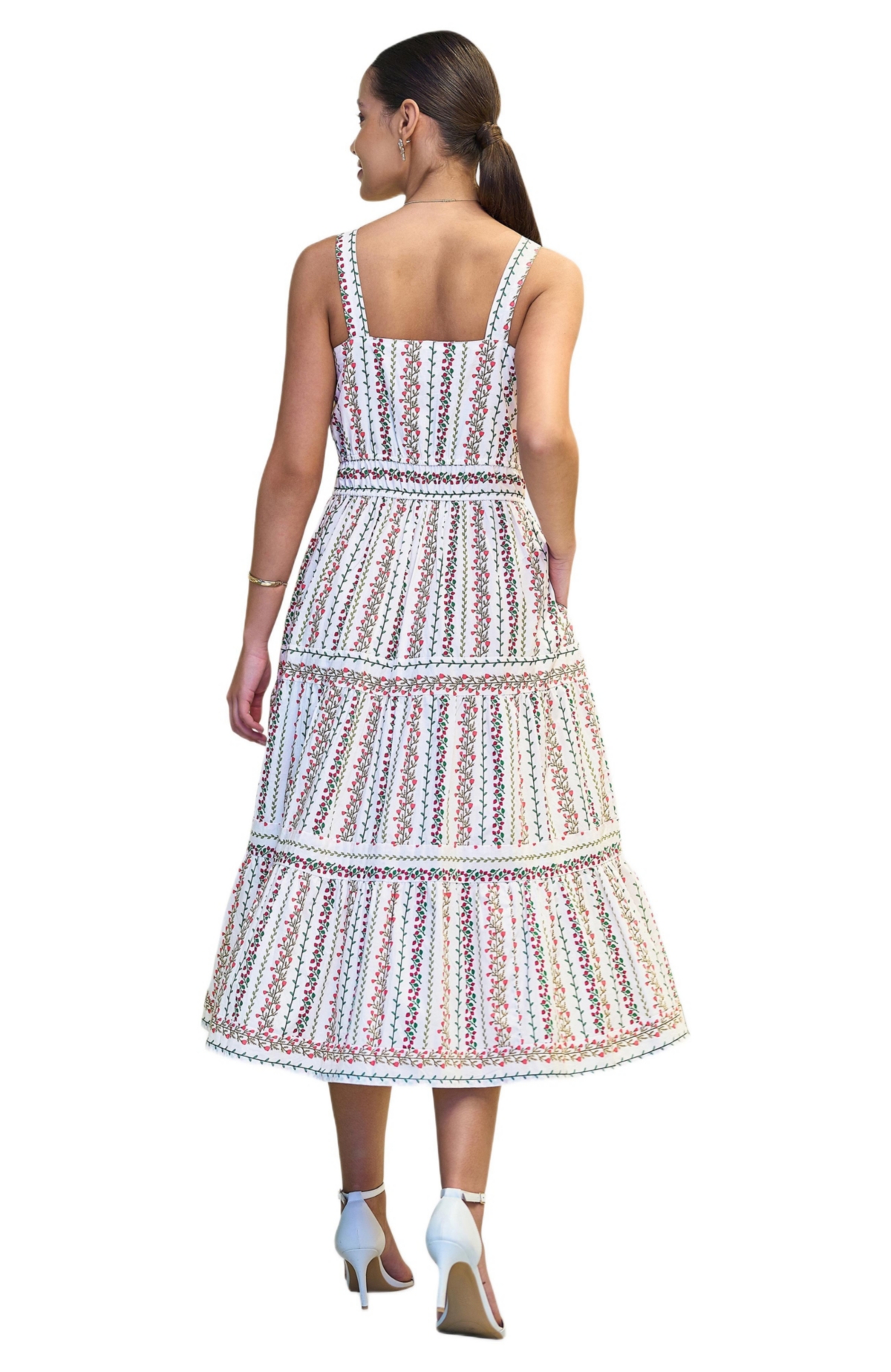 Yumi Women's Botanical Stripe Lace Trim Midi Dress