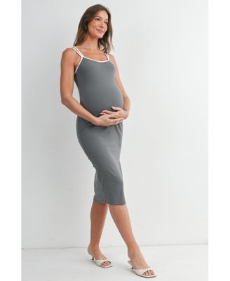 Maternity Ribbed Bodycon Midi Dress with Double Straps and Side Slit