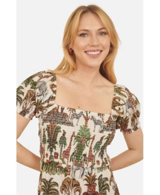 Women's Cotton Safari Print Ruched Midi Dress