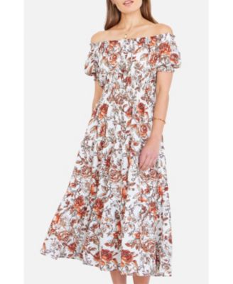 Women's Floral Ruched Waist Midi Dress