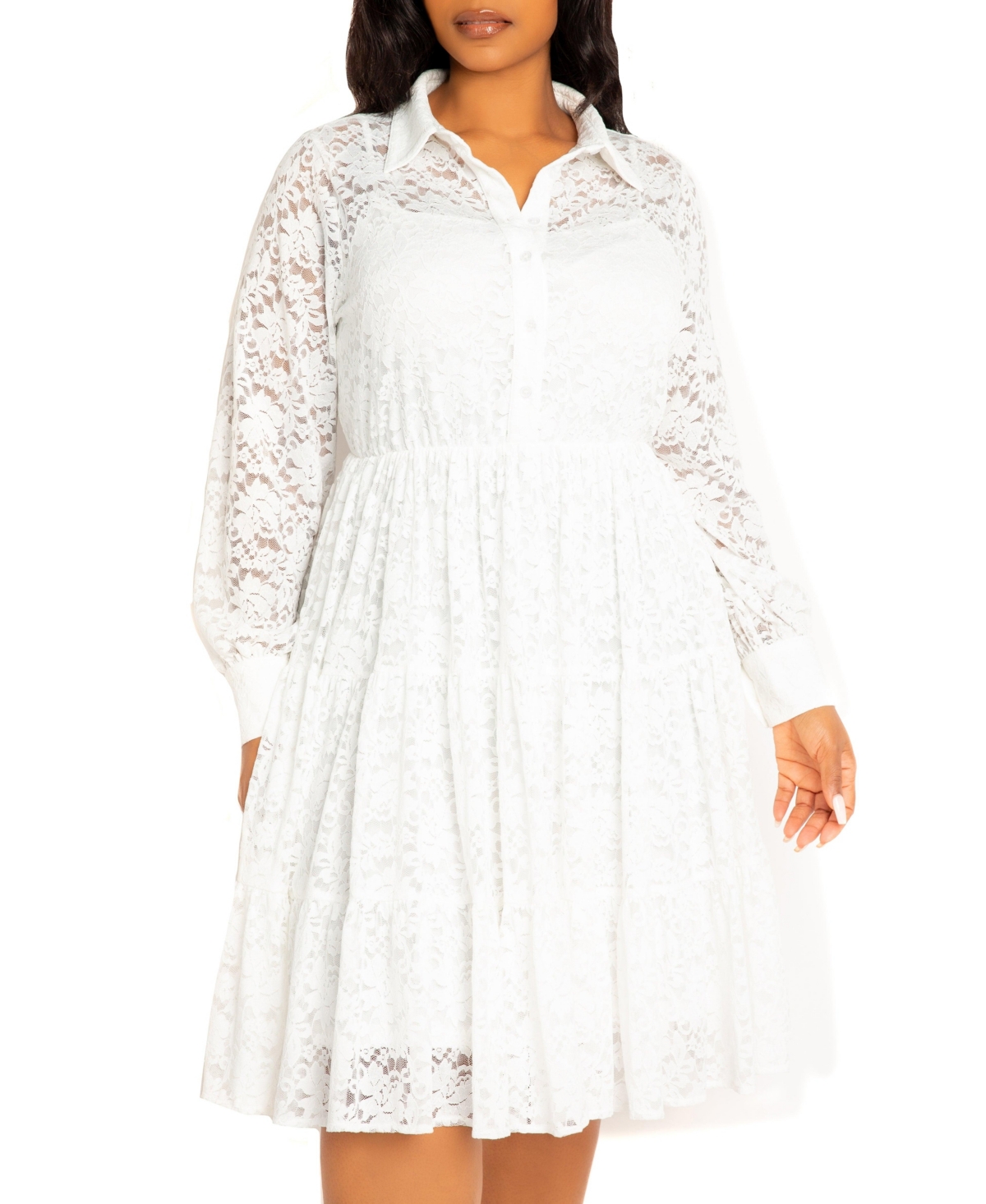 Buxom Couture Women's Plus Lace Long Sleeve Tiered Shirt Dress