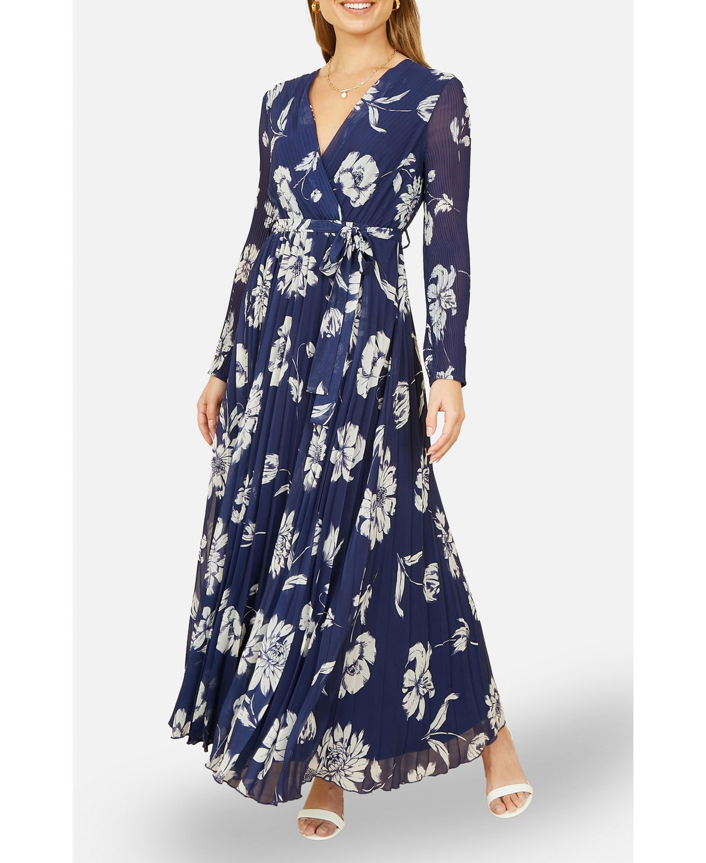 Женское платье Yumi Floral Pleated Midi Wrap, цвет: Тёмно-синий — фото 6