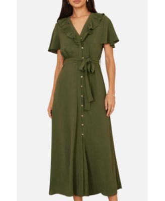 Women's Ruffle Collar Midi Shirt Dress