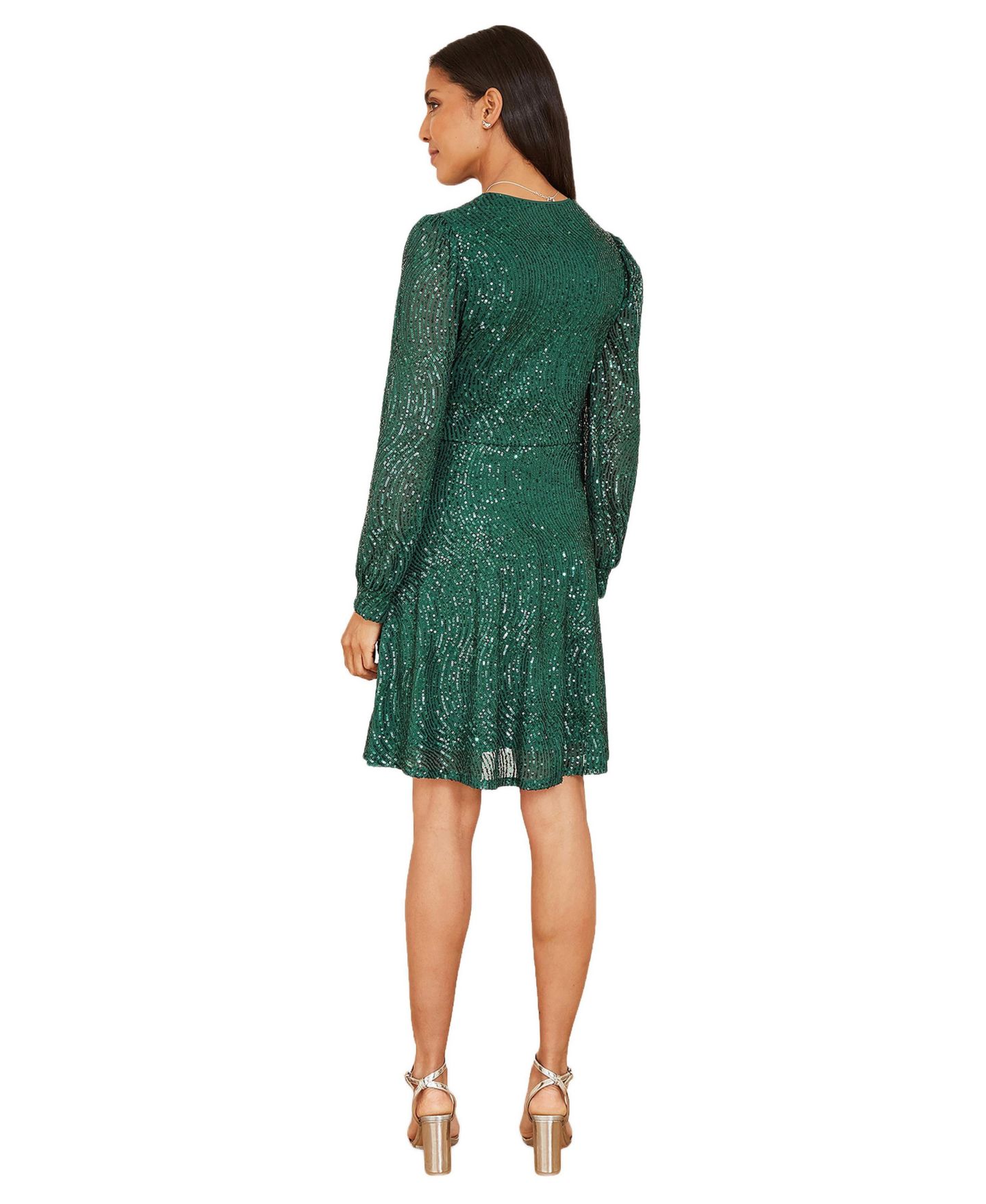 Женское платье Yumi Sequin Long Sleeve Frill Wrap, цвет: Зелёный — фото 4