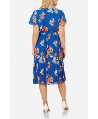 Women's Pleated Floral Tie-Waist Wrap Midi Dress