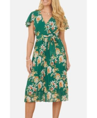 Women's Pleated Floral Tie-Waist Wrap Midi Dress