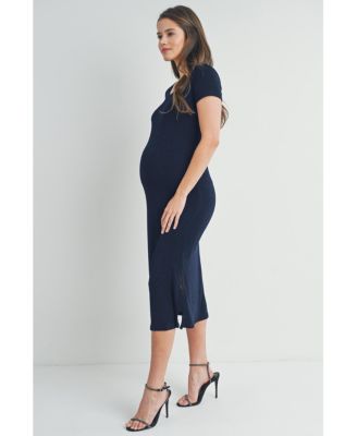 Maternity Scoop Neck Short Sleeve Midi Dress with Side Slit