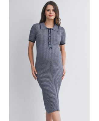 Women's Maternity Collared Ribbed Knit Midi Dress with Button-Front Nursing Access