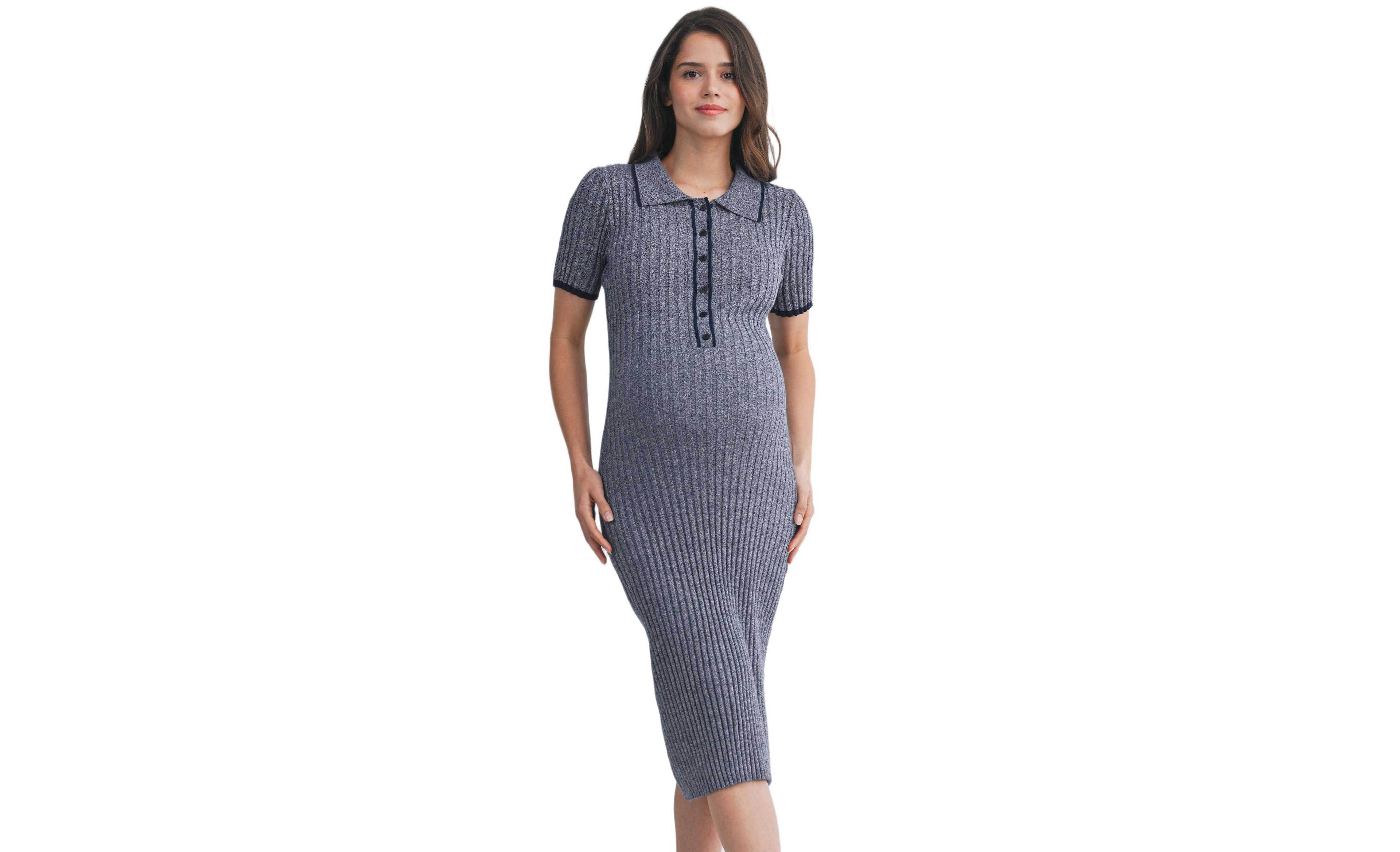 Hello Miz Women's Maternity Collared Ribbed Knit Midi Dress with Button-Front Nursing Access