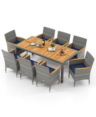 9 Pieces Patio PE Wicker Dining Set Outdoor Acacia Wood Table and Chairs