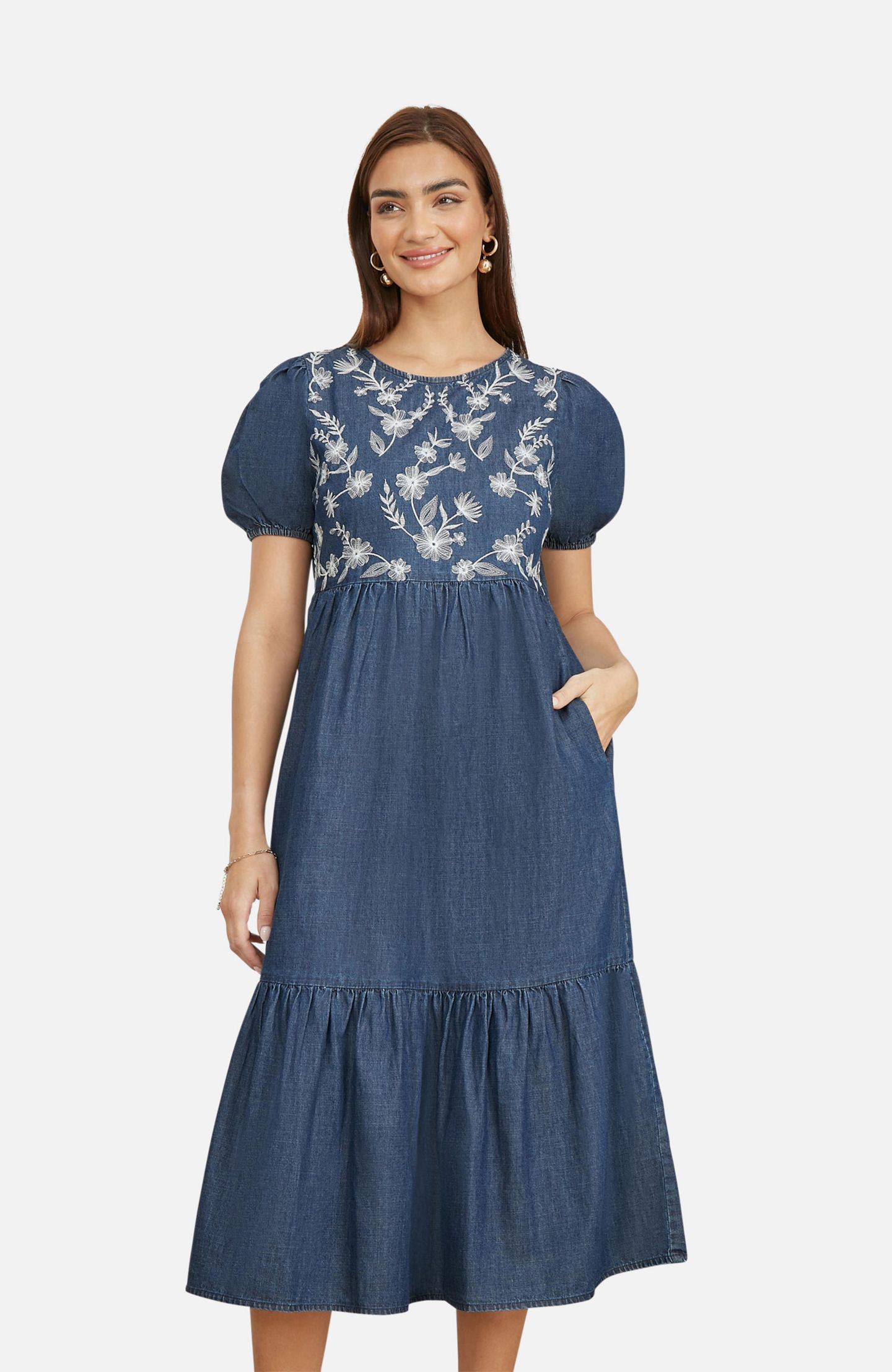 Женское платье Yumi Floral Embroidered Puff Sleeve, цвет: Синий — фото 4