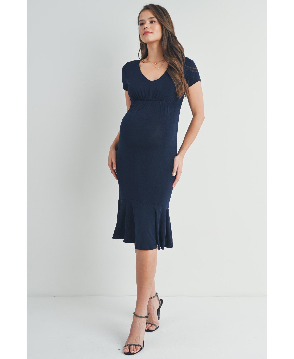 Hello Miz Maternity V-Neck Empire Waist Short Sleeve Midi Dress with Ruffle Hem