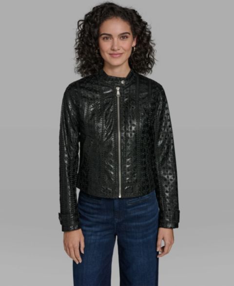 Женские куртки KARL LAGERFELD PARIS Faux Leather Eyelet Zip Front Jacket