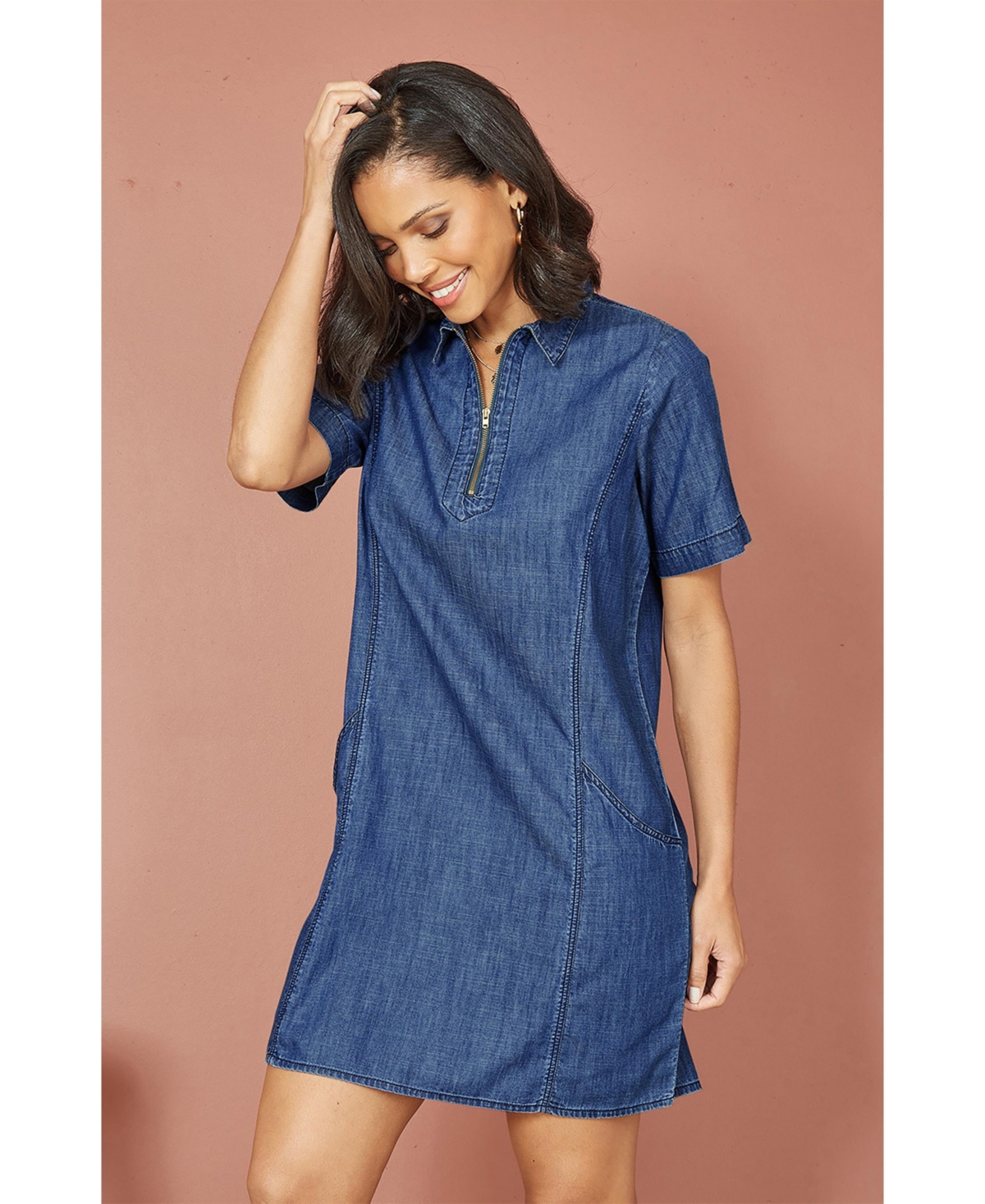 Yumi Women's Cotton Chambray Zip Neckline Dress