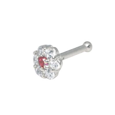 Solid 14k Yellow or White Gold 3mm 20g Red Flower Cubic Zirconia Nose Ring