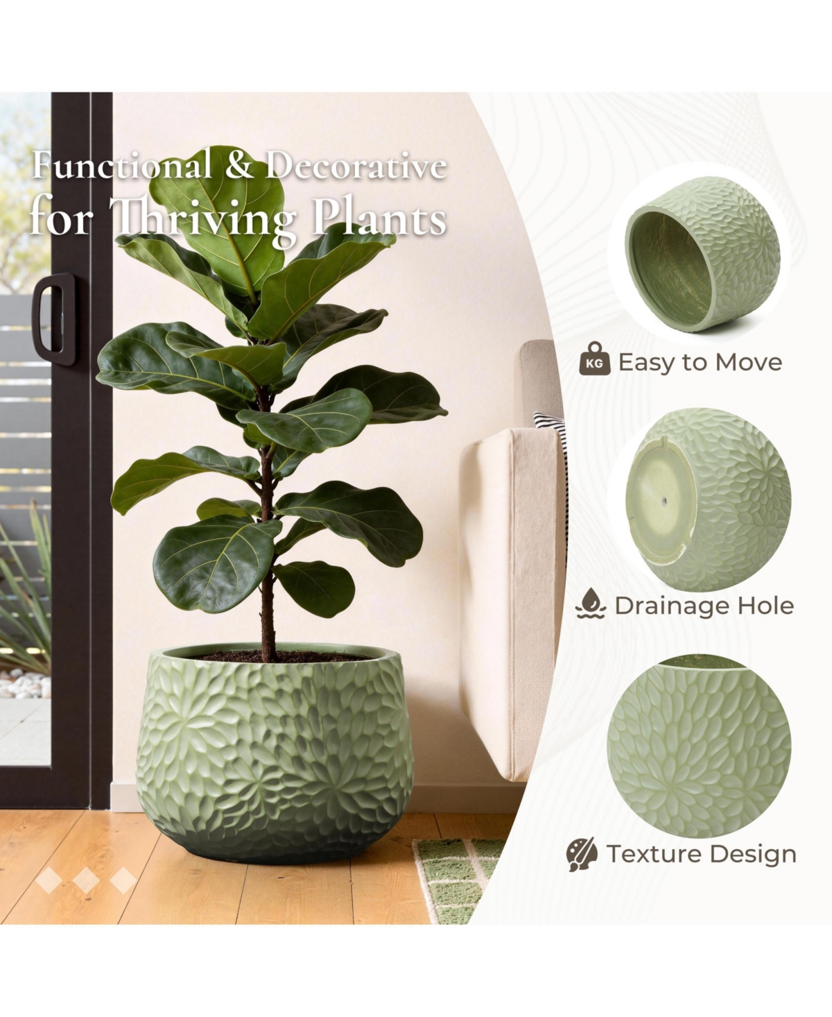 LuxenHome Leaf Embossed MgO Planter, 16.5" Textured Pot for Outdoor & Indoor