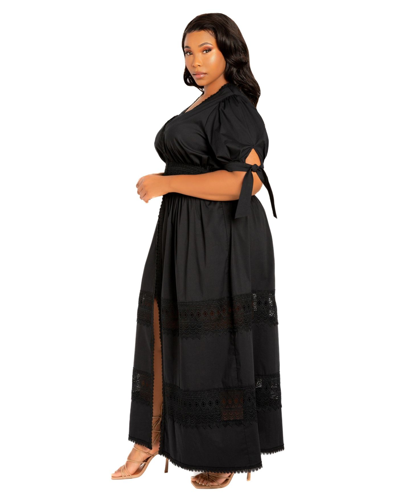 Женское платье Buxom Couture Plus Size Puff Sleeve Tiered Eyelet Maxi, цвет: Чёрный — фото 2