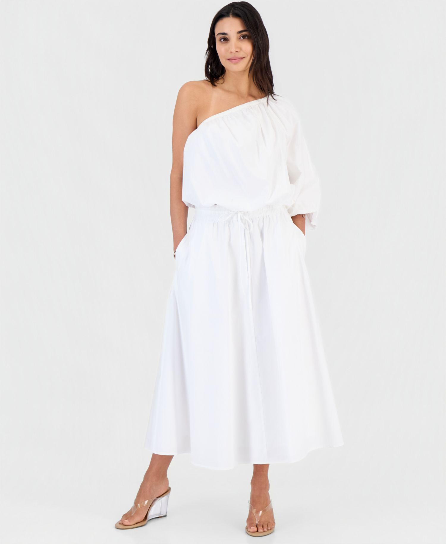 Petite Solid Pleated Drawstring Midi Skirt