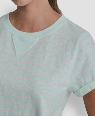 Women's Embroidered Crewneck Logo Roll-Sleeve Top