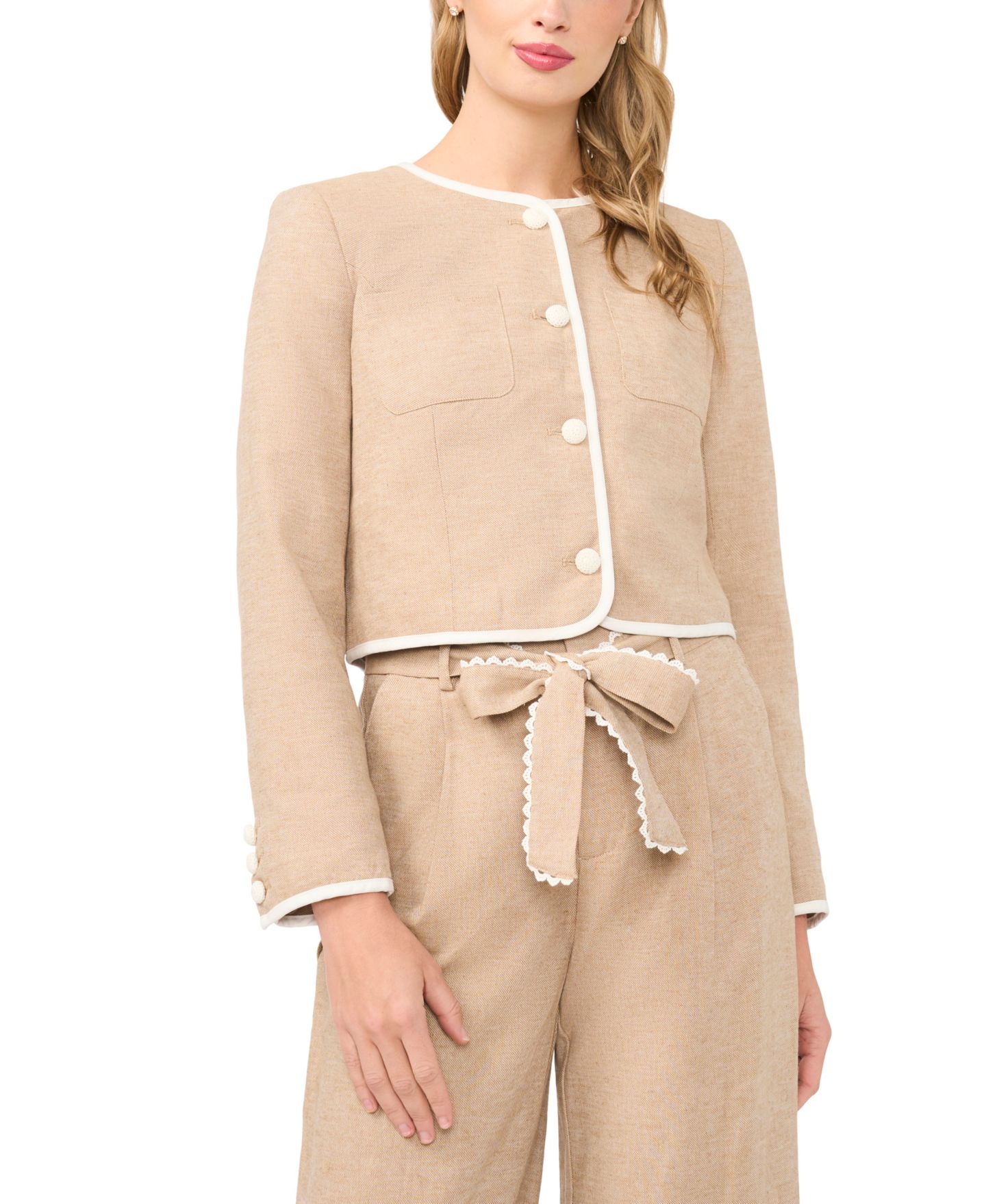 Женская куртка CeCe Linen-Blend Contrast Trim Lady, цвет: Карамельный — фото 3