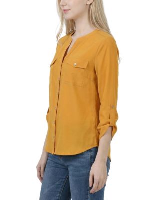 Women's 3/4 Roll Tab Sleeve Mandarin Collar Blouse
