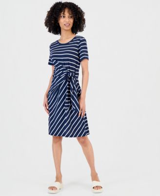 Petite Striped Side-Tie Short-Sleeve Dress