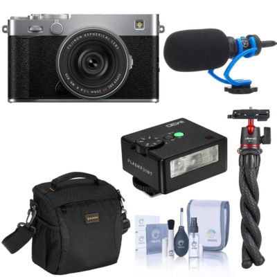 X-E5 Mirrorless Camera with XF 23mm f/2.8 R WR Lens, Silver, Bundle with TASC300 Microphone, MT-11 Tripod, iM30 Mini Flash, Shoulder Bag and