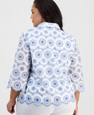 Plus Size Collared Eyelet-Embroidered Shirt