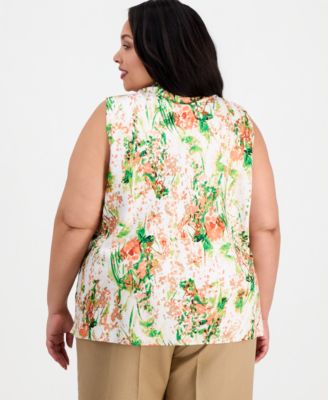 Plus Size Printed Tie-Neck Sleeveless Blouse 