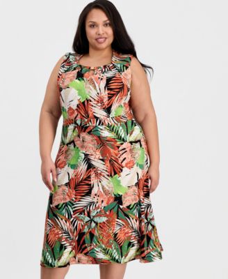 Plus Size Printed Pleat-Neck Sleeveless Top & Pull-On Flare Midi Skirt