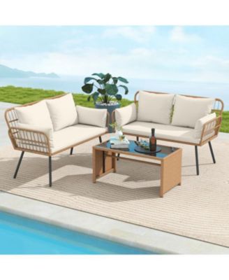 Patio Rattan 2-Seater Chair with Back Cushions & Metal Frame