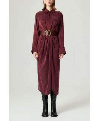 Women's Belted Draped Shirt-Collar Maxi Dress
