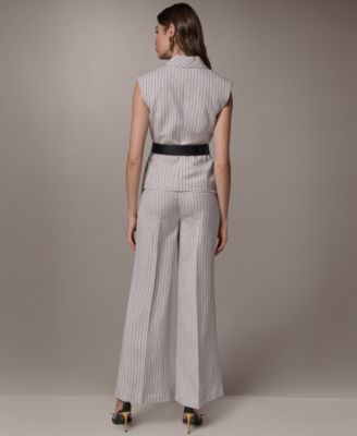 Women's Sleeveless Pinstripe Belted Vest